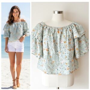Anthropologie LAIA Mint Pastel Floral Eyelet Off Shoulder Ruffle Sleeve Top Sz L